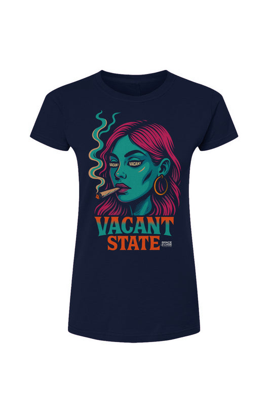 Women's fitted navy t-shirt featuring a neon graphic of a woman with pink hair and green skin with the words "Vacant State" underneath.