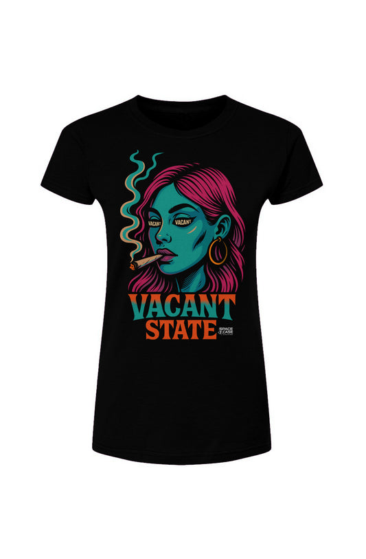 Women's fitted black t-shirt featuring a neon graphic of a woman with pink hair and green skin with the words "Vacant State" underneath.