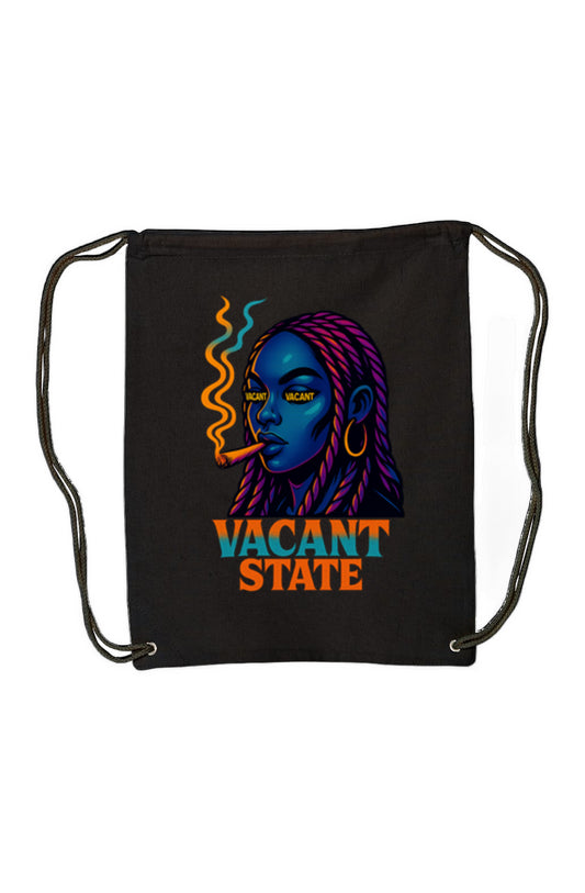 Black Canvas Drawstring Backpack with neon graphic of woman with blue skin and pink braids with text "Vacant State" beneath.