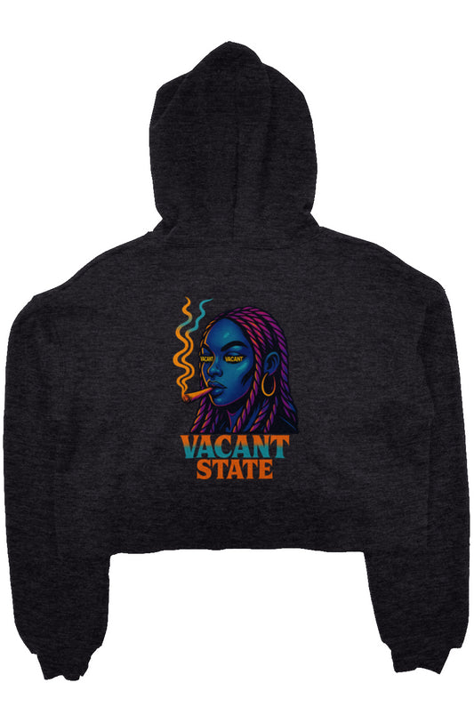 Grey hoodie with a colorful graphic and 'Vacant State' text on a white background