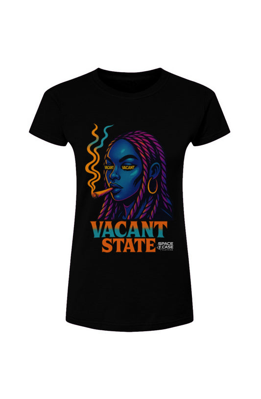 Women's fitted black t-shirt featuring a neon graphic of a woman with pink braids and blue skin with the words "Vacant State" underneath.
