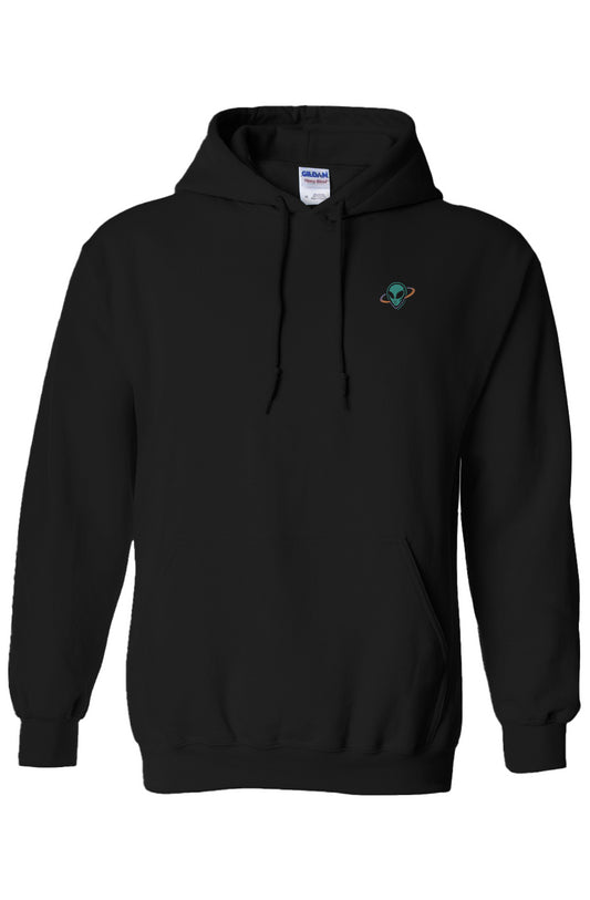 Black hoodie with a small alien head logo on a white background